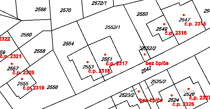 Žižkov 2317, Praha na parcele st. 2551 v KÚ Žižkov, Katastrální mapa