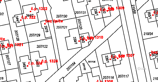 Sezimovo Ústí 310 na parcele st. 339/1 v KÚ Sezimovo Ústí, Katastrální mapa