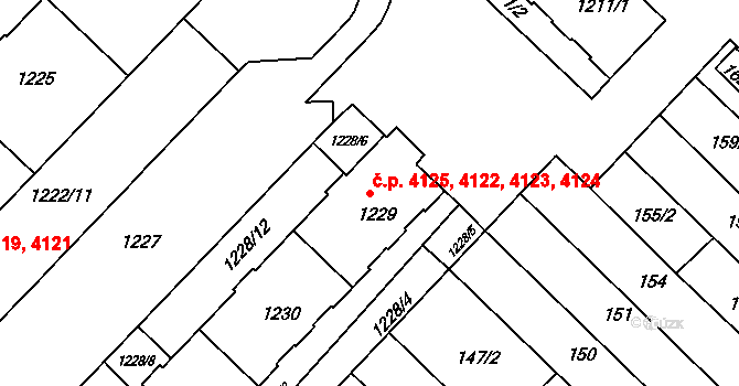Chomutov 4122,4123,4124,4125 na parcele st. 1229 v KÚ Chomutov II, Katastrální mapa