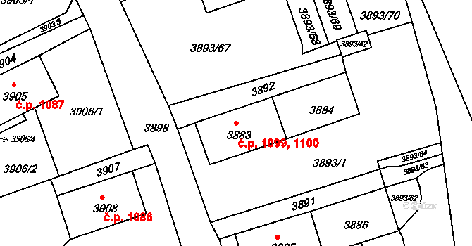 Jirkov 1099,1100 na parcele st. 3883 v KÚ Jirkov, Katastrální mapa