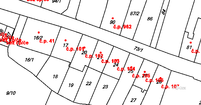 Fryštát 103, Karviná na parcele st. 21 v KÚ Karviná-město, Katastrální mapa