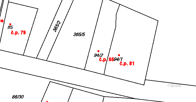 Korycany 85, Neratovice na parcele st. 94/2 v KÚ Korycany, Katastrální mapa