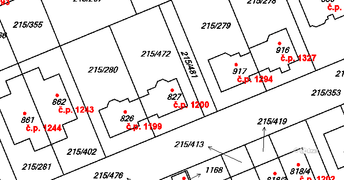 Rudná 1200 na parcele st. 827 v KÚ Hořelice, Katastrální mapa