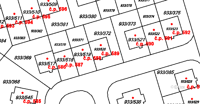 Satalice 589, Praha na parcele st. 933/520 v KÚ Satalice, Katastrální mapa