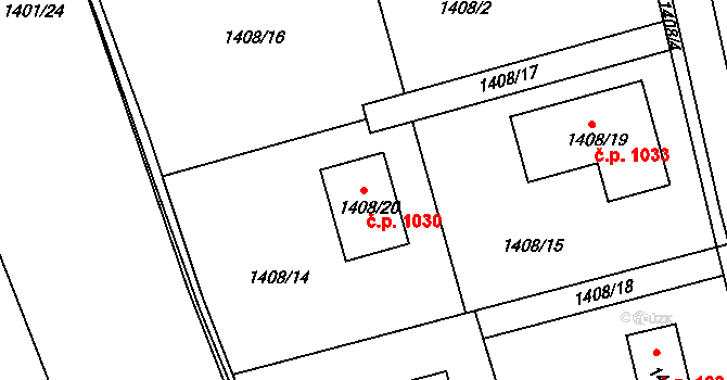 Karlík 1030 na parcele st. 1408/20 v KÚ Karlík, Katastrální mapa