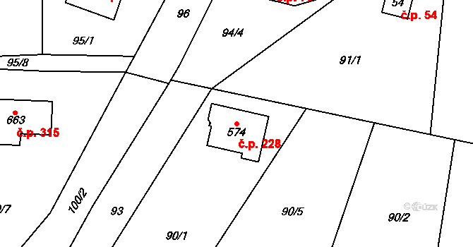 Libeř 228 na parcele st. 574 v KÚ Libeř, Katastrální mapa