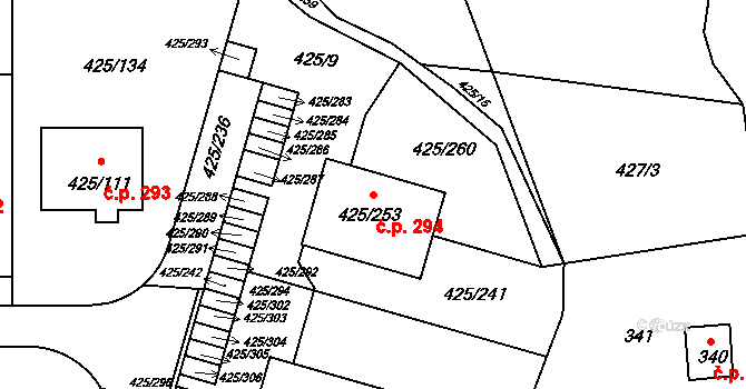 Kanice 294 na parcele st. 425/253 v KÚ Kanice, Katastrální mapa