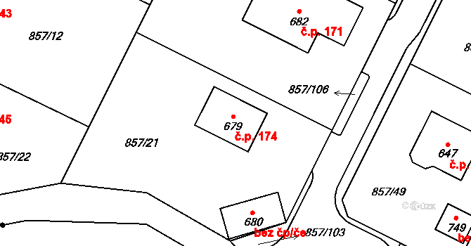 Podhrad 174, Cheb na parcele st. 679 v KÚ Dřenice u Chebu, Katastrální mapa