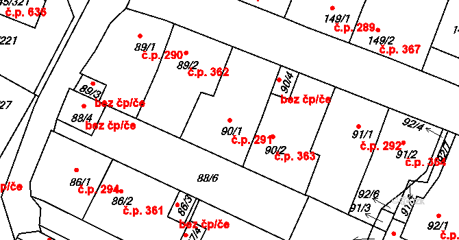 Pokratice 291, Litoměřice na parcele st. 90/1 v KÚ Pokratice, Katastrální mapa