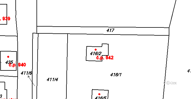 Hvězdov 942, Ralsko na parcele st. 416/2 v KÚ Ploužnice pod Ralskem, Katastrální mapa