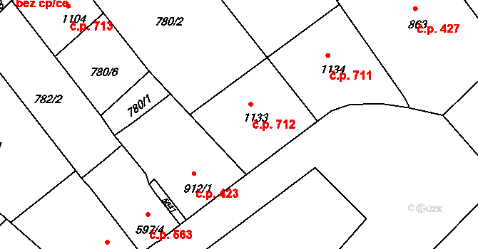 Vizovice 712 na parcele st. 1133 v KÚ Vizovice, Katastrální mapa