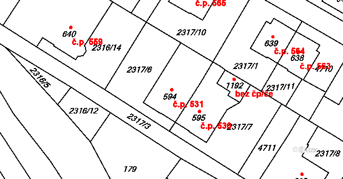 Budišov nad Budišovkou 531 na parcele st. 594 v KÚ Budišov nad Budišovkou, Katastrální mapa