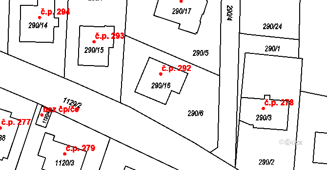 Oldřišov 292 na parcele st. 290/16 v KÚ Oldřišov, Katastrální mapa