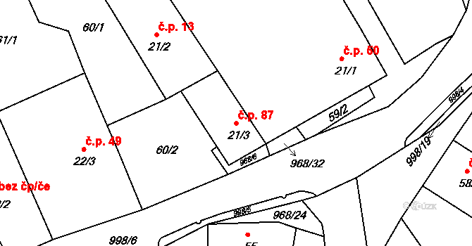 Lužice 87 na parcele st. 21/3 v KÚ Lužice u Mostu, Katastrální mapa