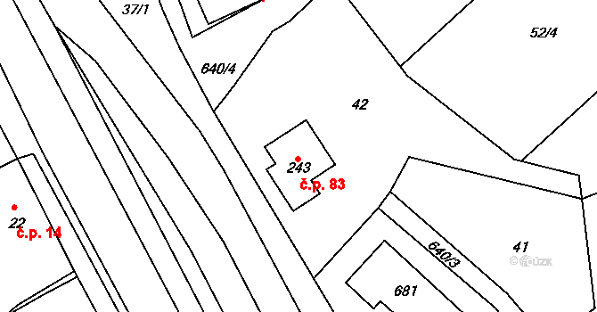 Horní Žďár 83, Ostrov na parcele st. 243 v KÚ Horní Žďár u Ostrova, Katastrální mapa