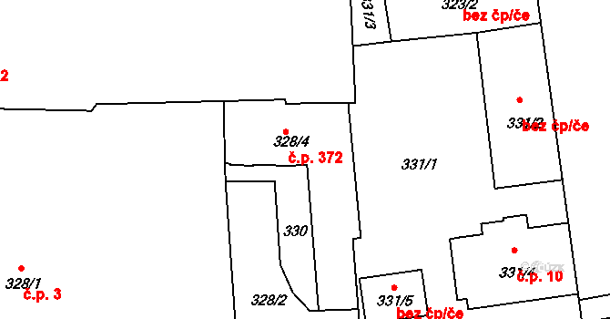 Hrdlořezy 372, Praha na parcele st. 328/4 v KÚ Hrdlořezy, Katastrální mapa
