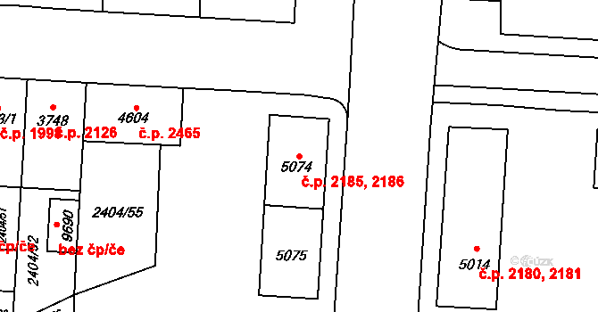 Zelené Předměstí 2185,2186, Pardubice na parcele st. 5074 v KÚ Pardubice, Katastrální mapa