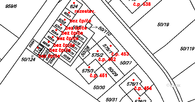 Škvorec 452 na parcele st. 575/2 v KÚ Škvorec, Katastrální mapa