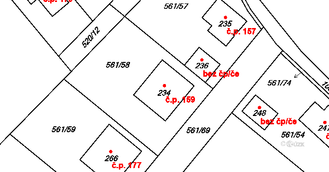 Lužice 159 na parcele st. 234 v KÚ Lužice u Mostu, Katastrální mapa