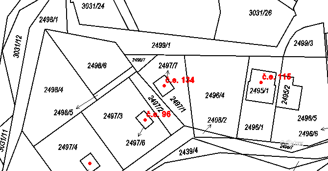 Štramberk 134 na parcele st. 2497/7 v KÚ Štramberk, Katastrální mapa