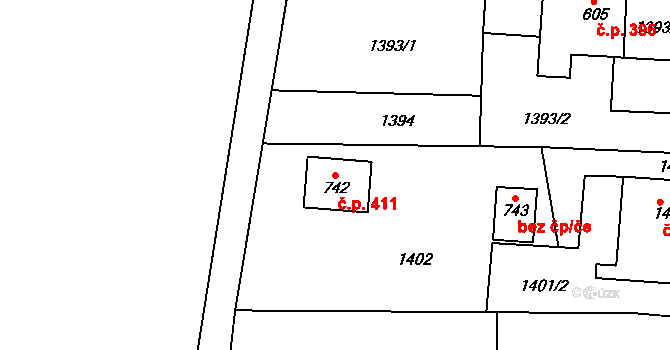 Rumburk 3-Dolní Křečany 411, Rumburk na parcele st. 742 v KÚ Dolní Křečany, Katastrální mapa