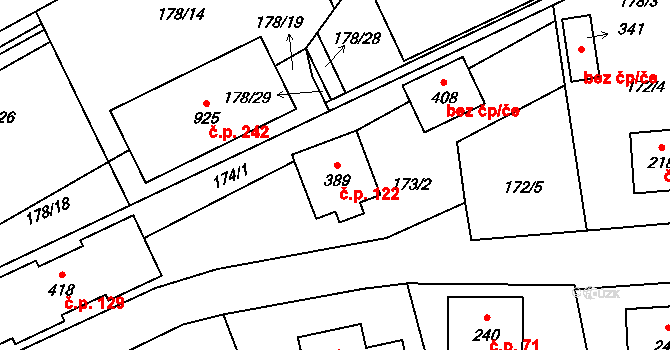Domoradice 122, Český Krumlov na parcele st. 389 v KÚ Přísečná-Domoradice, Katastrální mapa