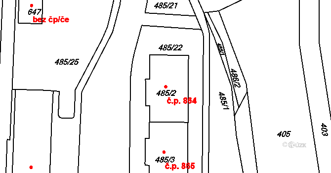 Podbořany 864 na parcele st. 485/2 v KÚ Podbořany, Katastrální mapa