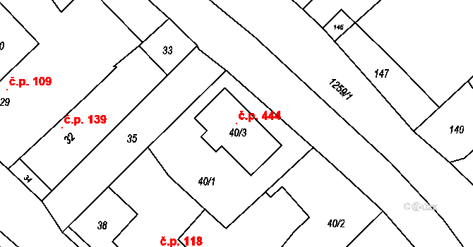 Troubelice 444 na parcele st. 40/3 v KÚ Troubelice, Katastrální mapa