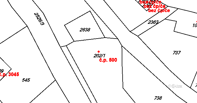 Jablonec nad Nisou 500 na parcele st. 202/1 v KÚ Jablonec nad Nisou, Katastrální mapa