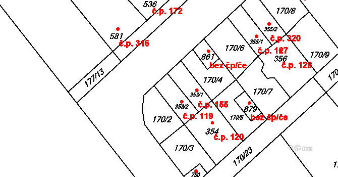Humny 119, Pchery na parcele st. 353/2 v KÚ Pchery, Katastrální mapa