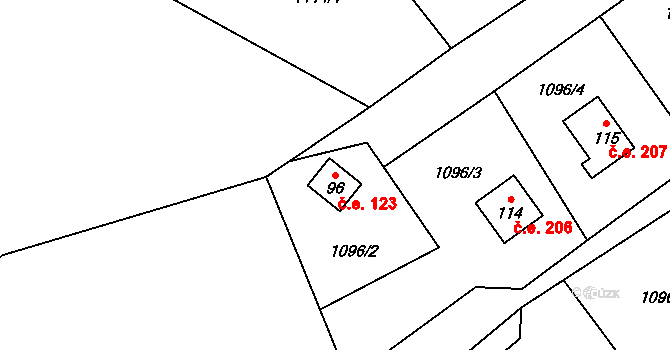 Měřín 123, Rabyně na parcele st. 96 v KÚ Blaženice, Katastrální mapa