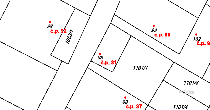 Hořesedly 81 na parcele st. 68 v KÚ Hořesedly, Katastrální mapa