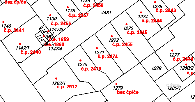 Teplice 2474 na parcele st. 1271 v KÚ Teplice, Katastrální mapa