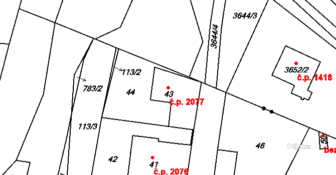 Komořany 2077, Praha na parcele st. 43 v KÚ Komořany, Katastrální mapa