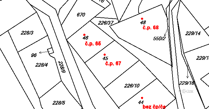Luhy 67, Dolní Hbity na parcele st. 45 v KÚ Luhy, Katastrální mapa