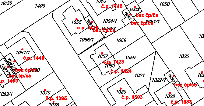 Chomutov 1423 na parcele st. 1057 v KÚ Chomutov I, Katastrální mapa