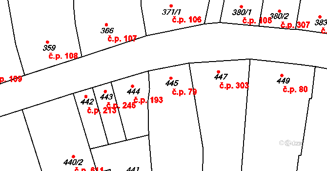 Blučina 79 na parcele st. 445 v KÚ Blučina, Katastrální mapa