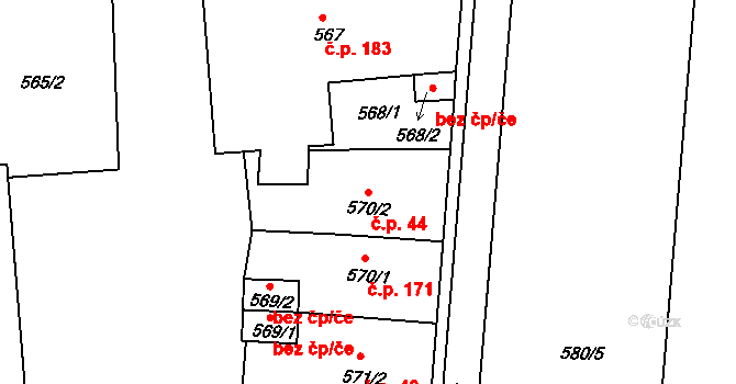 Všetuly 44, Holešov na parcele st. 570/2 v KÚ Všetuly, Katastrální mapa
