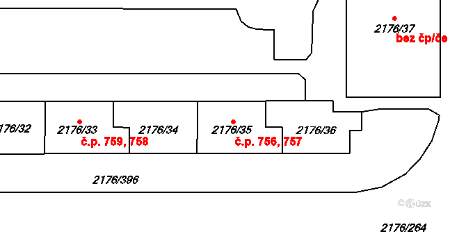Skvrňany 756,757, Plzeň na parcele st. 2176/35 v KÚ Skvrňany, Katastrální mapa