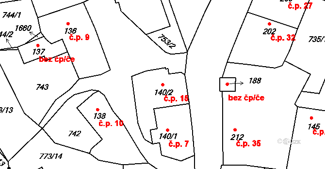 Bojiště 15, Červené Pečky na parcele st. 140/2 v KÚ Červené Pečky, Katastrální mapa