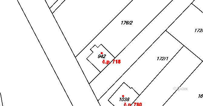 Tlumačov 718 na parcele st. 942 v KÚ Tlumačov na Moravě, Katastrální mapa