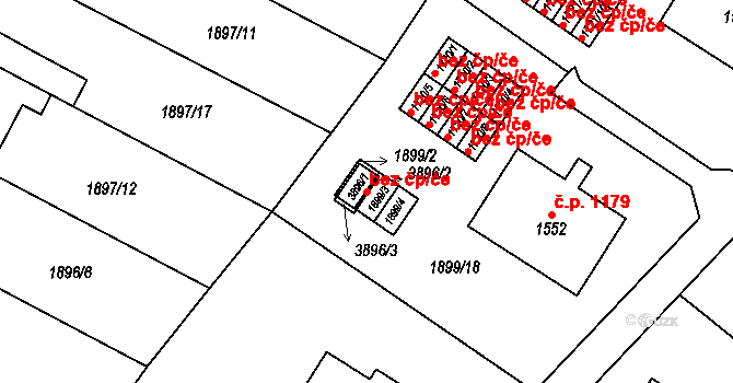 Humpolec 45235562 na parcele st. 3896/1 v KÚ Humpolec, Katastrální mapa