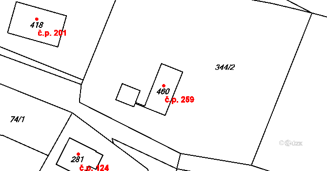 Tmaň 259 na parcele st. 460 v KÚ Tmaň, Katastrální mapa