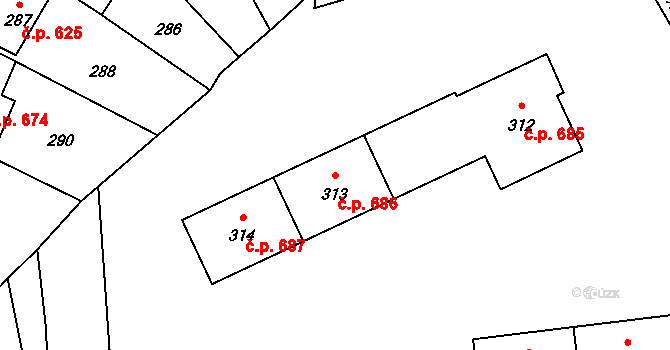 Libčice nad Vltavou 686 na parcele st. 313 v KÚ Chýnov, Katastrální mapa