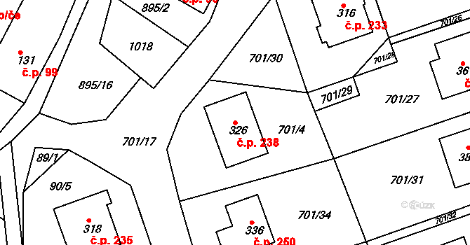 Žďárky 238 na parcele st. 326 v KÚ Žďárky, Katastrální mapa