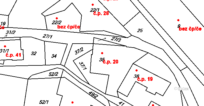 Žádlovice 20, Loštice na parcele st. 35 v KÚ Žádlovice, Katastrální mapa