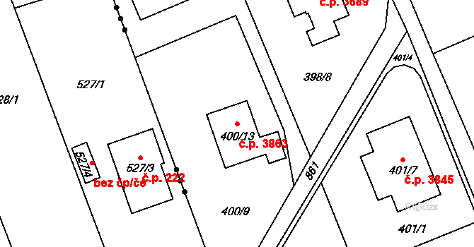 Znojmo 3863 na parcele st. 400/13 v KÚ Znojmo-Louka, Katastrální mapa