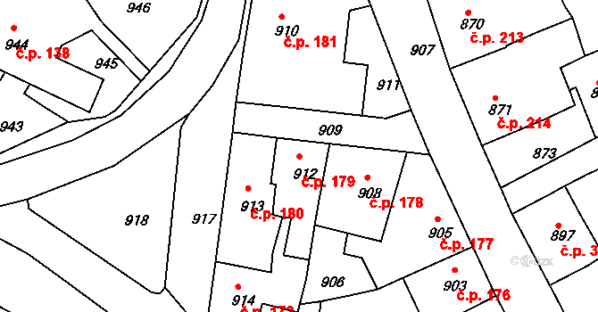 Kamenice nad Lipou 179 na parcele st. 912 v KÚ Kamenice nad Lipou, Katastrální mapa