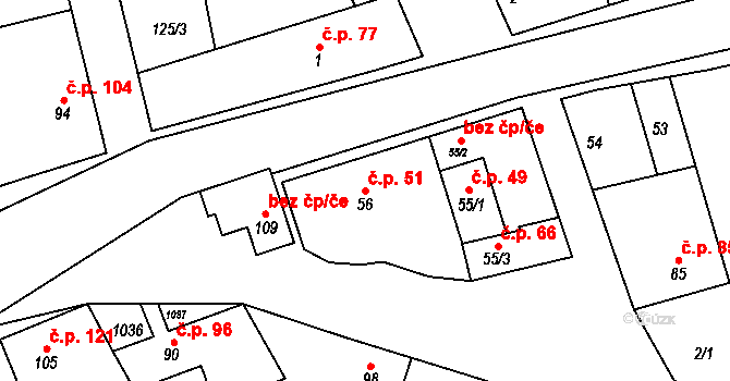 Hřivčice 51, Peruc na parcele st. 56 v KÚ Hřivčice, Katastrální mapa