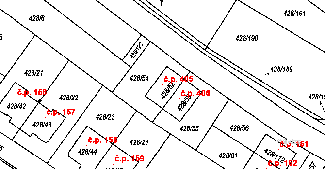 Rebešovice 405 na parcele st. 428/52 v KÚ Rebešovice, Katastrální mapa